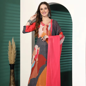 Último Diseño Tradicional Indio Moderno, Kurtis Listo para Usar en Rayón con Estampado Floral, Corte en A, Lavable a Máquina, Pantalón y Dupatta de Corte Recto, Talla Regular - Product Image 1