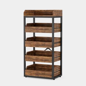 E Shape Mango and Acacia Wood <b>Storage</b> Organizer Display <b>Shelf</b> Rack Adjustable Wood Desktop Bookshelf - Product Image 5