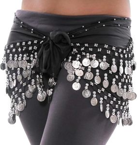 Egyptian <b>Belly</b> Dance Hip Scarf-Handmade Black Chiffon <b>Wrap</b> Belt with Silver Coins (One Size In-Stock Adults) - Product Image 2