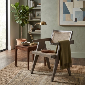 Grey Solid Wood Woven Rattan <b>Armchair</b> V Leg Chandigarh Style Accent <b>Dining</b> Chair Outdoor Patio Setup Art Design Decor - Product Image 3