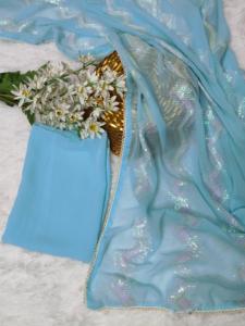 Tela Georgette de gasa pesada con todo el trabajo de secuencia y Sari de borde de encaje de diseñador Pari para mujer - Product Image 2