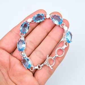 Timeless <b>Charm</b> of Blue Topaz in 925 <b>Sterling</b> <b>Silver</b> Oval Cut Faceted Gemstone Adjustable Handmade <b>Bracelet</b> <b>for</b> Women - Product Image 1