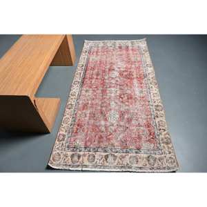 Alfombra turca de área grande tradicional rojo Beige 3,3X6,8 pies Piel de lana látex rectángulo diseño de retazos abstractos para habitación de pasillo - Product Image 1