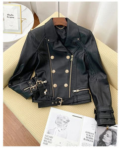 Veste matelassée d'hiver en cuir véritable souple pour femme, couleur unie, col montant, doublure en coton brut, tendance et élégante - Product Image 5