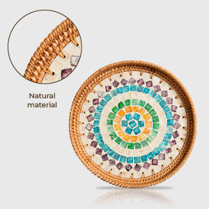 Plateau rond en rotin de qualité supérieure avec incrustation de nacre, multi-usages, pour servir et décorer la maison, 32 cm, Vietnam - Product Image 2