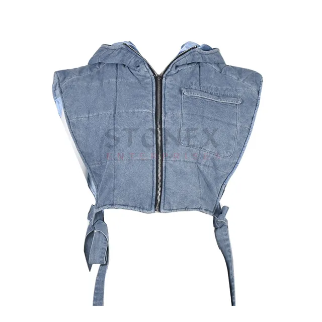 Nieuwe Aankomst Denim Clip Katoenen Wash Capuchon Mouwloos Cargo Kort Vest Casual Vrouw Denim Vest