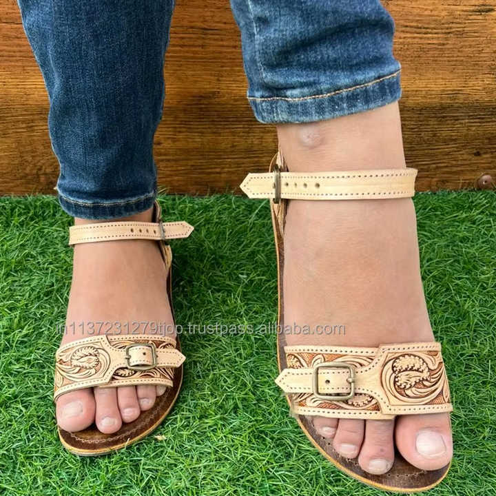 Real Handmade Genuine Women Western Style Tooled Cowhide Leather Casual Outdoor Flipflop Flat Brown  Footwear Open Toe Sandal