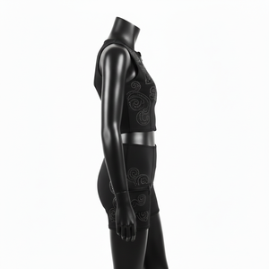 Traje de baño de dos piezas para mujer, de nailon y spandex, negro, con paneles curvos, pedrería termoadhesiva y logotipo personalizado. - Product Image 3