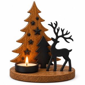 Porte-bougie de Noël en bois avec cerf et étoiles, décoration de table rustique pour les fêtes - Product Image 1
