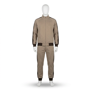 Men's Beige Tracksuit Set Full Sleeve Zipper Front Casual Autumn Wear Solid Color <b>Polyester</b> Cotton Blend Regular Fit <b>Joggers</b> - Product Image 1