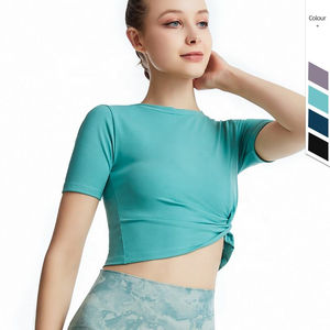 T-shirt de sport respirant pour femme, manches courtes, design noué sur le côté, couleur unie, idéal pour le yoga et la course à pied – Nouvelle collection été 2026 - Product Image 4