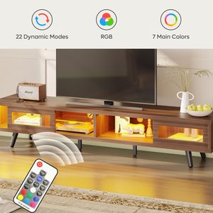 Mueble de Entretenimiento de Madera Extra Largo, Estilo Moderno de Mediados de Siglo, con Iluminación LED, Mueble para TV con Vidrio Estriado, Muebles para Sala de Estar - Product Image 6