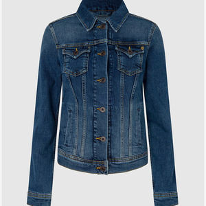 Chaqueta vaquera azul personalizada para mujer, chaqueta vaquera con bolsillos en el pecho y cierre de botones diseñada para mujer, para comodidad en todas las estaciones, venta al por mayor - Product Image 3