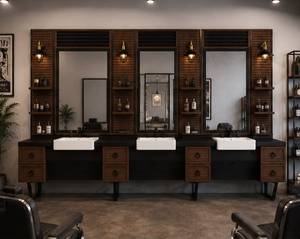 Decorsall Model 85 Luxury 3Person Barber Styling Station Wood Wall <b>Panels</b> Ceramic Sinks Storage Shelves Drawers Salon Furniture - Product Image 2