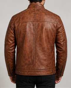 Brown Washed Leather Motorcycle <b>Jacket</b> <b>Men</b> Zip Up Stand Collar Regular Fit Winter Riding Outerwear - Product Image 2