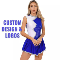 Uniforme de cheerleading bleu à paillettes Silver Six Enterprises avec panneau blanc et bordure argentée, jupe 100% polyester pour adultes