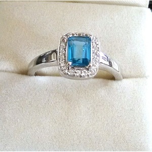 For Swiss Blue & White Topaz Solitaire <b>Ring</b> for Women 925 Sterling <b>Silver</b> <b>Emerald</b> Cut with Shah Gems for Engagement - Product Image 1