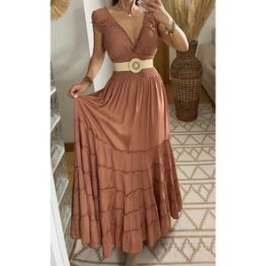 Vestido Maxi Bohemio de Varias Capas para Mujer, Manga Acampanada, Cuello en V, Cintura Natural Elástica, Tejido Ecológico, con Cinturón, para Playa o Resort - Product Image 1