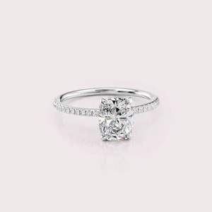 IGI Certified Cushion Cut Lab Grown Diamond Engagement-Wedding Ring with Hidden Halo and Pave Band in <b>Solid</b> 925 Sterling <b>Silver</b> - Product Image 1