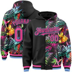 Direct Industry Wholesale Casual Winter Custom Black Pink-Light Blue Tropical Leaves Full-Snap Varsity Letterman <b>Hoodie</b> Jacket - Product Image 1