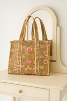 Bolso Tote de Hombro de Algodón Acolchado Estilo Bohemio Vintage para Mujer, Ecológico, con Cierre de Cremallera Personalizado, Estampado en Bloque, Invierno