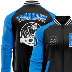 Chaqueta universitaria personalizada para hombre, azul y negra, estilo letterman con logotipo bordado, chaqueta bomber deportiva. - Product Image 6