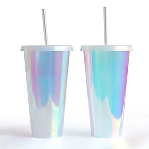 Rainbow Iridescent 24oz Silver Holographic Sippy Plastic Tumbler Reusable Hologram Cup Cold Cup