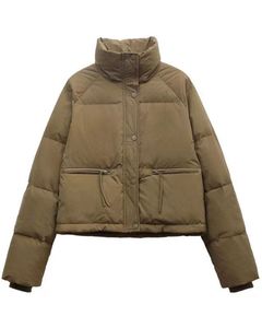 Chaqueta Acolchada Personalizada Color Caqui para Mujer, Chaqueta Corta Acolchada de Invierno con Cuello Alto, Relleno de Poliéster Cálido, Ropa de Abrigo de Moda, OEM Personalizado - Product Image 1