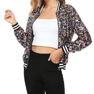 New Arrival Women's Stylish Sequin Long Sleeve Front Zip Bomber Denim Jacket Breathable <b>Knitted</b> <b>Ribbed</b> Cuffs Outerwear - Product Image 2