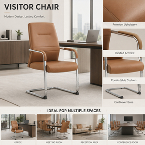 <strong>Tan</strong> PU Leather <strong>Office</strong> Visitor <strong>Chair</strong> with Padded Armrests Chrome Cantilever Base for Meeting Room Bulk Supply - Product Image 2