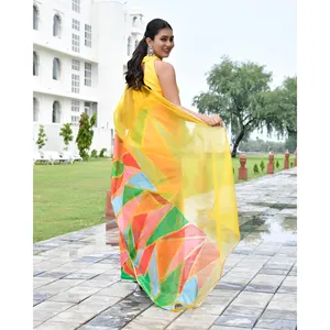 Sari jaune réversible fait main en organza, long jusqu'au sol, peint à la main, léger, pour les occasions festives et les mariages, pour femmes - Product Image 4