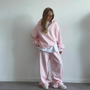 Ensemble de sport mode hiver 2025 pour femme – Sweat-shirt à manches longues avec col à revers et fermeture éclair, pantalon taille élastique – Ensemble 2 pièces coupe-vent pour activités sportives - Product Image 2