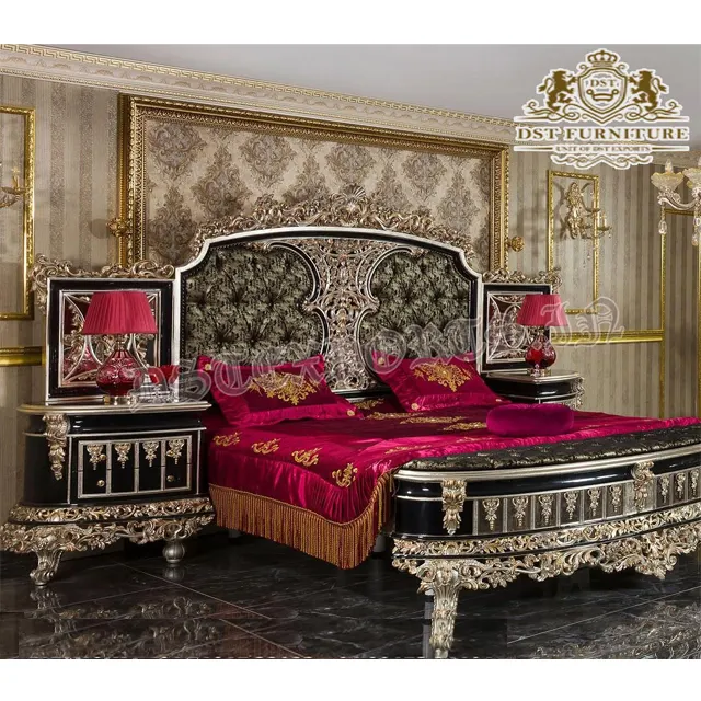 Vintage Style Heavy Carved Queen Bed With Nightstands Luxurious Teak Wood Bedroom Furniture Luxury Gold Metallic Queen Bedroom