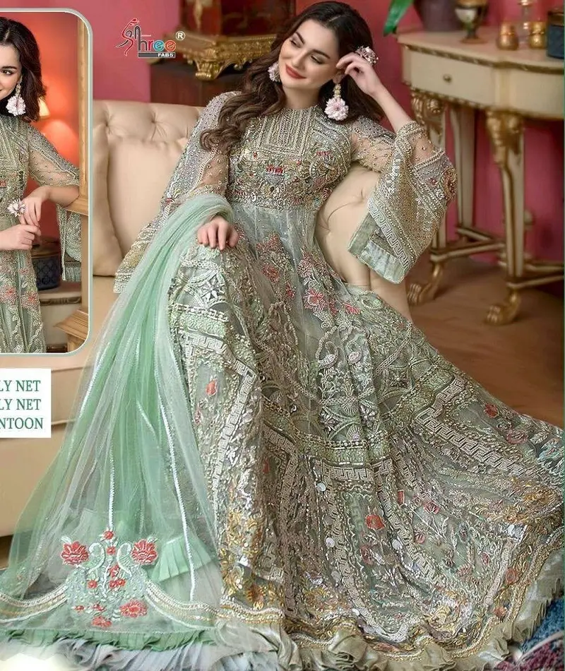 Indian Pakistani Style Heavy Net Sequence Embroidery Work and Stone Work Long Anarkali Gowns with Net Dupatta Set for Women Wear