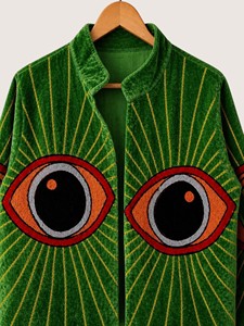 Chaqueta Verde de Terciopelo con Bordado Bohemio de Ojos, Cuello Mandarín, Manga Larga, Estilo Linterna, Prenda Exterior Casual para Mujer, Otoño - Product Image 5