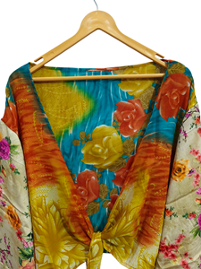 เสื้อเบลาส์ผ้าไหมหลากสีสำหรับใส่ในบ้านลายดอกไม้เสื้อเชิ๊ตทรงสั้นแบบพันตัวสั้นใส่ในฤดูร้อนเสื้อเชิ๊ตขนาดฟรีไซส์ - Product Image 2