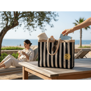 Large Jute and Cotton Tote <b>Bag</b> with Striped Design Open Closure Carry <b>Bag</b> for Summer Shopping and Travel (16x7x13 In) - Product Image 1