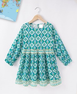 Girls Geometric Print Bohemian Dress Long Sleeve Beach <b>Mini</b> Cotton Chiffon O-Neck Regular Sleeve Eco-Friendly Breathable Summer - Product Image 1