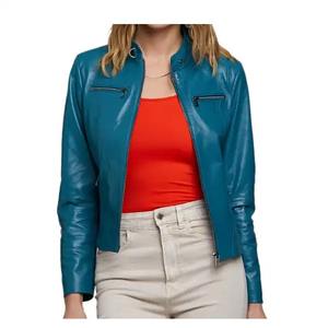 Veste d'hiver personnalisée en cuir de mouton pour femmes avec fermeture à glissière traitement tricoté rembourrage en coton pour la moto - Product Image 1