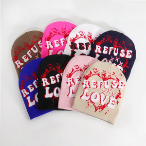 High Quality Customized Logo Knitted <b>Beanies</b> Jacquard Heart Embroidery Pattern Winter Lovers <b>Hat</b> for <b>Men</b> and Women - Product Image 2