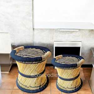 Stylish Multipurpose Boho Pouffe Ottoman Set Natural Wicker Patio Furniture Handwoven Bamboo <b>Stool</b> Bone Inlay Console for School - Product Image 5