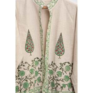 Green Leaf Block Print Quilted <b>Jacket</b> for <b>Ladies</b> <b>Lightweight</b> PU Leather Bomber Varsity Style Boho Blazer Pattern Short Length XL - Product Image 2