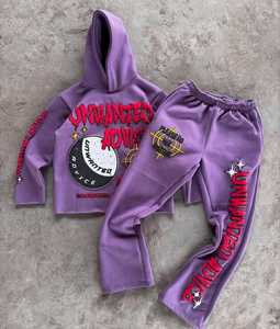 Logo personnalisé hommes maigre deux pièces Streetwear à capuche pantalons de survêtement ensemble hiver bouffée impression survêtement strass technique coton - Product Image 1