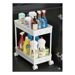 Carrito de Almacenamiento Plegable de Plástico de Doble Nivel, Ecológico y Hermético, con Ruedas, para Organización de Artículos de Limpieza de Cocina - Product Image 1