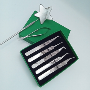 Pinzas de precisión para extensión de pestañas con agarre de diamante, juego de 7 piezas, mango con espejo, tijeras de muelle para cejas con cajas de cartón - Product Image 1