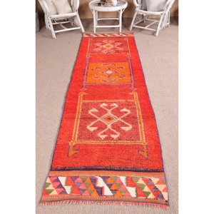 Vintage Turkish Herki Rug 2.8x10.3 ft, <b>Red</b> <b>Runner</b> Animal Print Wool Rug - Product Image 1