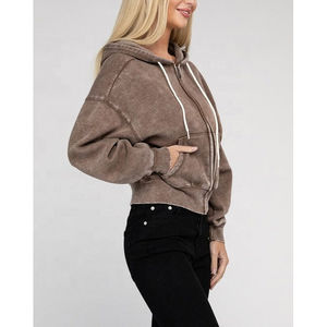 Cuello alto Cremallera-up Sudaderas con capucha regulares Mujeres Cremallera personalizada Algodón pesado Lavado ácido Anti-pilling Transpirable Frente de invierno - Product Image 4