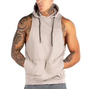 Baju olahraga tanpa lengan gym hoodie cut off stringer tank top binaraga otot singlet hoodie tanpa lengan pria