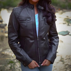 Custom Women Sheep <b>Skin</b> Quilted Biker Jacket Zipper Style High Quality Windproof Motorcycle Outerwear OEM ODM Private Label - Product Image 3