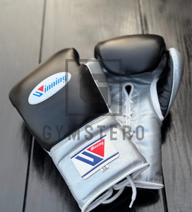 Gants de boxe sur mesure neufs, noirs/argentés, en cuir véritable, poignées professionnelles, fermeture à lacets, respirants - Product Image 2